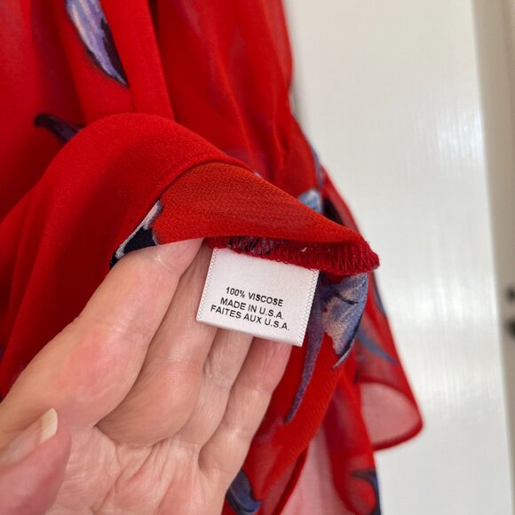 MISA Los Angeles Gracie Floral Bell Sleeve Tie Neck Semi-sheer Top Red Blouse,XS - Picture 9 of 10